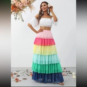 Swiss Dot Off Shoulder Crop Chiffon Top &
Layered Hem Skirt